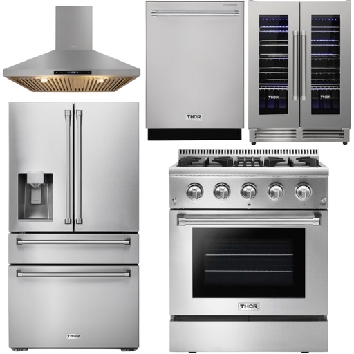 Thor Kitchen 30 In. Gas Burner/Electric Oven Range, Range Hood, Refrigerator with Water and Ice Dispenser, Dishwasher, Wine Cooler Appliance Package