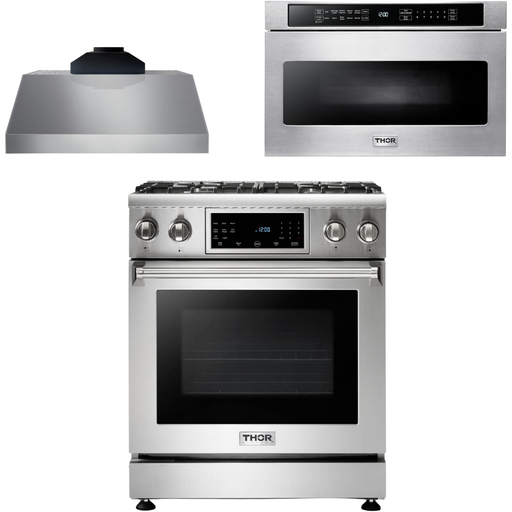 Thor Kitchen 30 In. Gas Range, Range Hood, Microwave Drawer Appliance Package