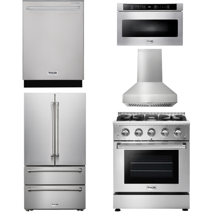 Thor Kitchen 30 In. Gas Range, Range Hood, Microwave Drawer, Refrigerator, Dishwasher Appliance Package