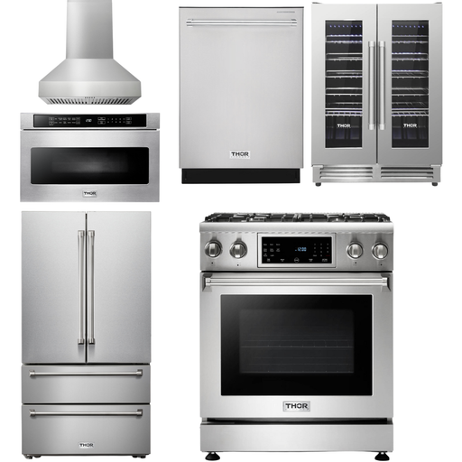 Thor Kitchen 30 In. Gas Range, Range Hood, Microwave Drawer, Refrigerator, Dishwasher, Wine Cooler Appliance Package