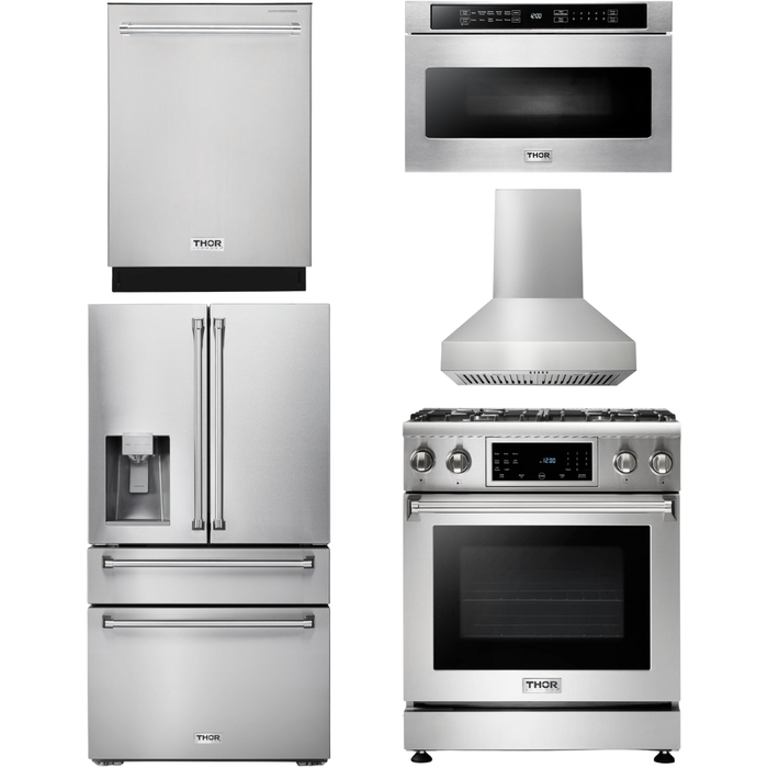 Thor Kitchen 30 In. Gas Range, Range Hood, Microwave Drawer, Refrigerator with Water and Ice Dispenser, Dishwasher Appliance Package