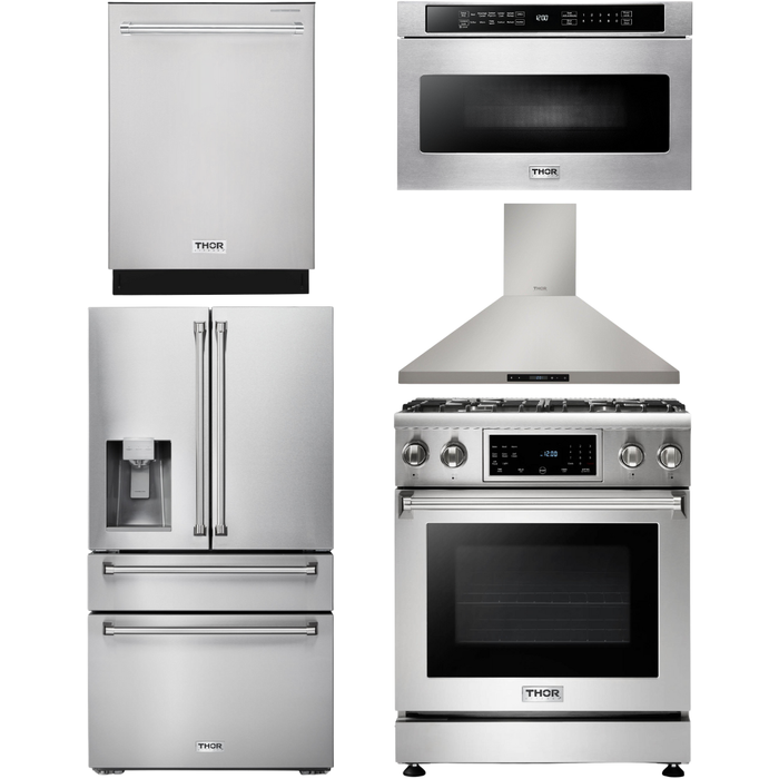 Thor Kitchen 30 In. Gas Range, Range Hood, Microwave Drawer, Refrigerator with Water and Ice Dispenser, Dishwasher Appliance Package