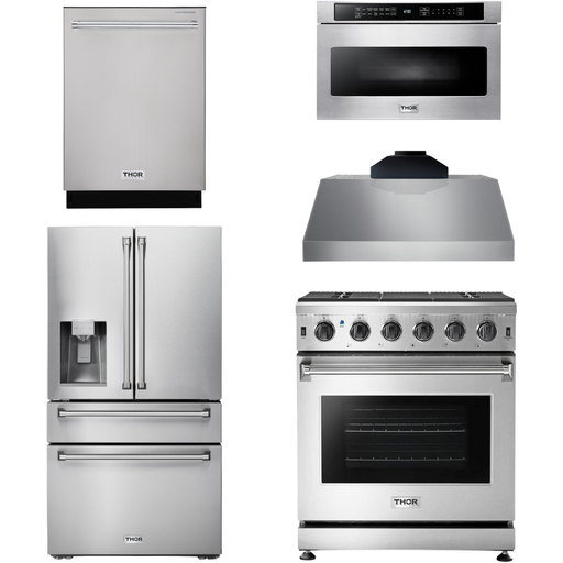 Thor Kitchen 30 In. Gas Range, Range Hood, Microwave Drawer, Refrigerator with Water and Ice Dispenser, Dishwasher Appliance Package