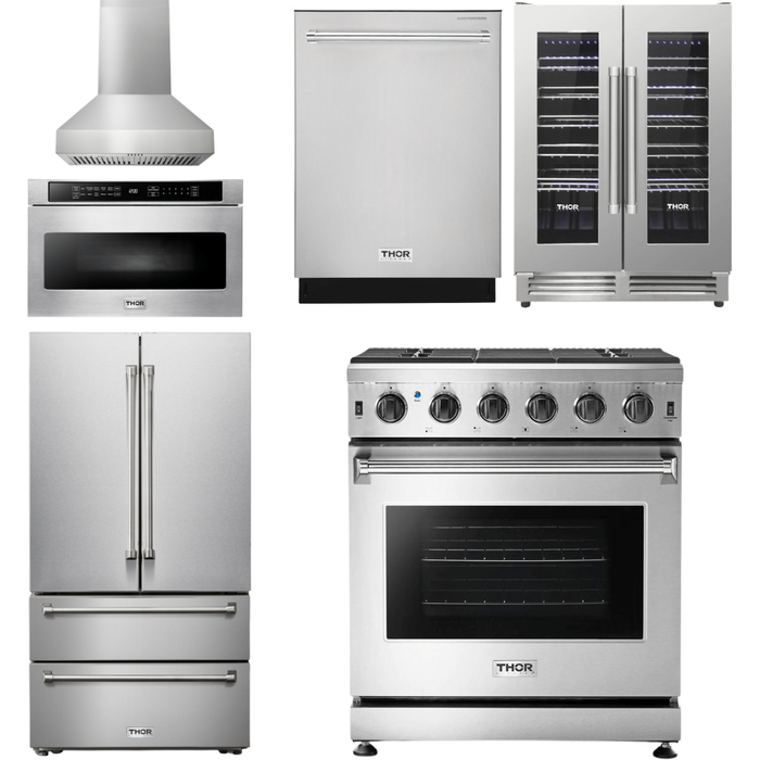 Thor Kitchen 30 In. Gas Range, Range Hood, Microwave Drawer, Refrigerator with Water and Ice Dispenser, Dishwasher, Wine Cooler Appliance Package