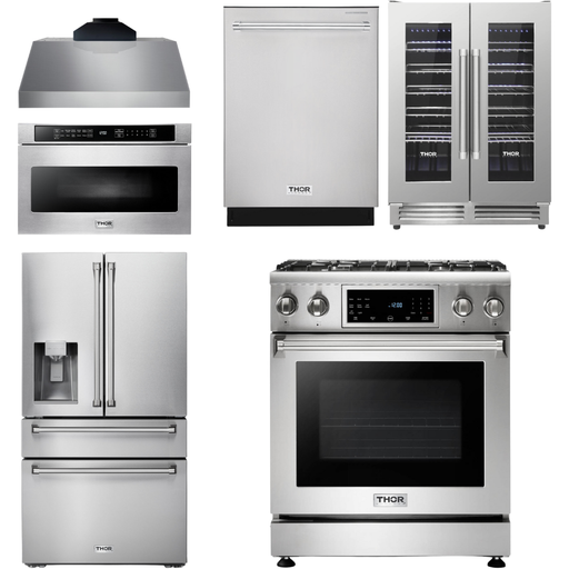 Thor Kitchen 30 In. Gas Range, Range Hood, Microwave Drawer, Refrigerator with Water and Ice Dispenser, Dishwasher, Wine Cooler Appliance Package