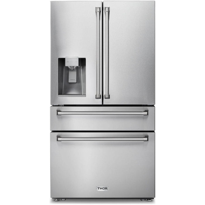 Thor Kitchen 30 In. Gas Range, Range Hood, Microwave Drawer, Refrigerator with Water and Ice Dispenser, Dishwasher, Wine Cooler Appliance Package