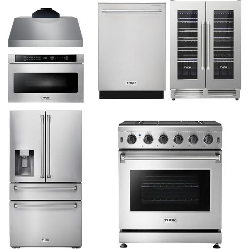 Thor Kitchen 30 In. Gas Range, Range Hood, Microwave Drawer, Refrigerator with Water and Ice Dispenser, Dishwasher, Wine Cooler Appliance Package