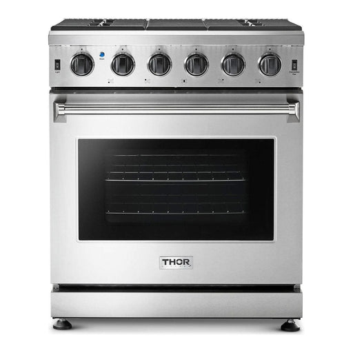 Thor Kitchen 30 In. Gas Range, Range Hood, Microwave Drawer, Refrigerator with Water and Ice Dispenser, Dishwasher, Wine Cooler Appliance Package