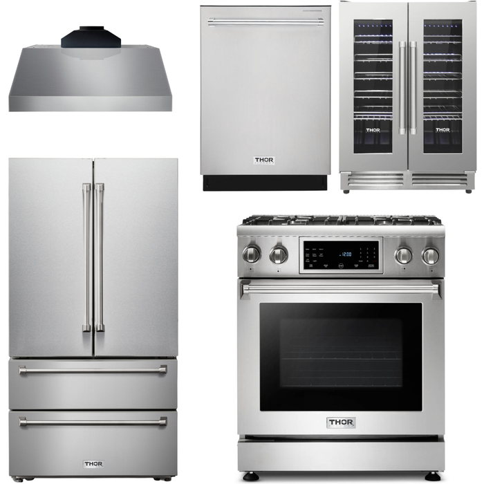 Thor Kitchen 30 In. Gas Range, Range Hood, Refrigerator, Dishwasher, Wine Cooler Appliance Package