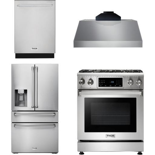 Thor Kitchen 30 In. Gas Range, Range Hood, Refrigerator with Water and Ice Dispenser, Dishwasher Appliance Package