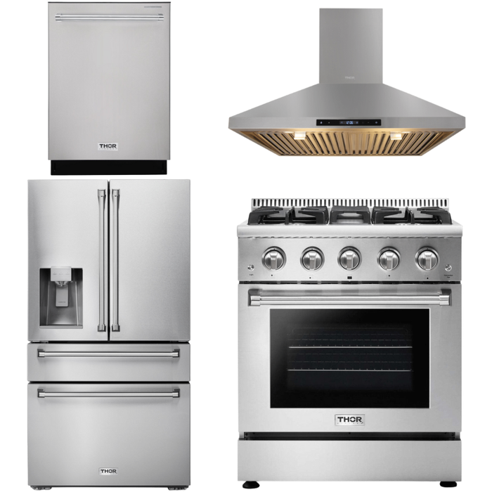 Thor Kitchen 30 In. Gas Range, Range Hood, Refrigerator with Water and Ice Dispenser, Dishwasher Appliance Package