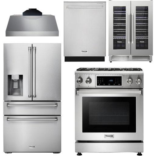 Thor Kitchen 30 In. Gas Range, Range Hood, Refrigerator with Water and Ice Dispenser, Dishwasher, Wine Cooler Appliance Package