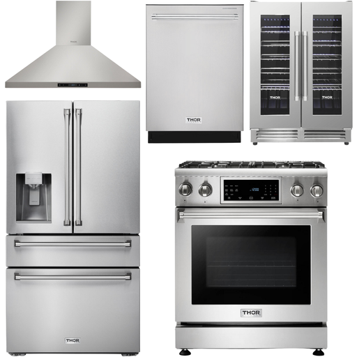 Thor Kitchen 30 In. Gas Range, Range Hood, Refrigerator with Water and Ice Dispenser, Dishwasher, Wine Cooler Appliance Package