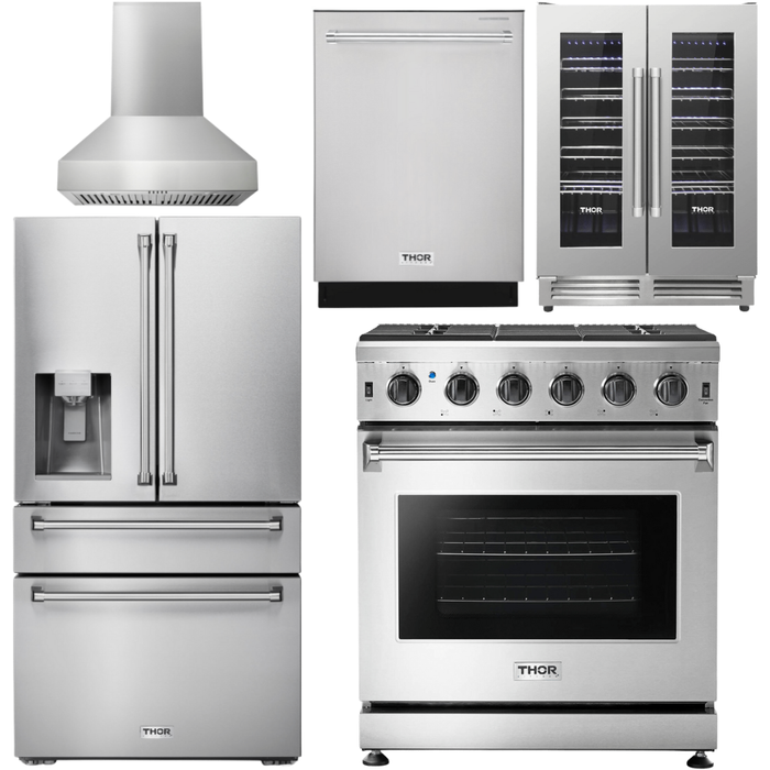 Thor Kitchen 30 In. Gas Range, Range Hood, Refrigerator with Water and Ice Dispenser, Dishwasher, Wine Cooler Appliance Package