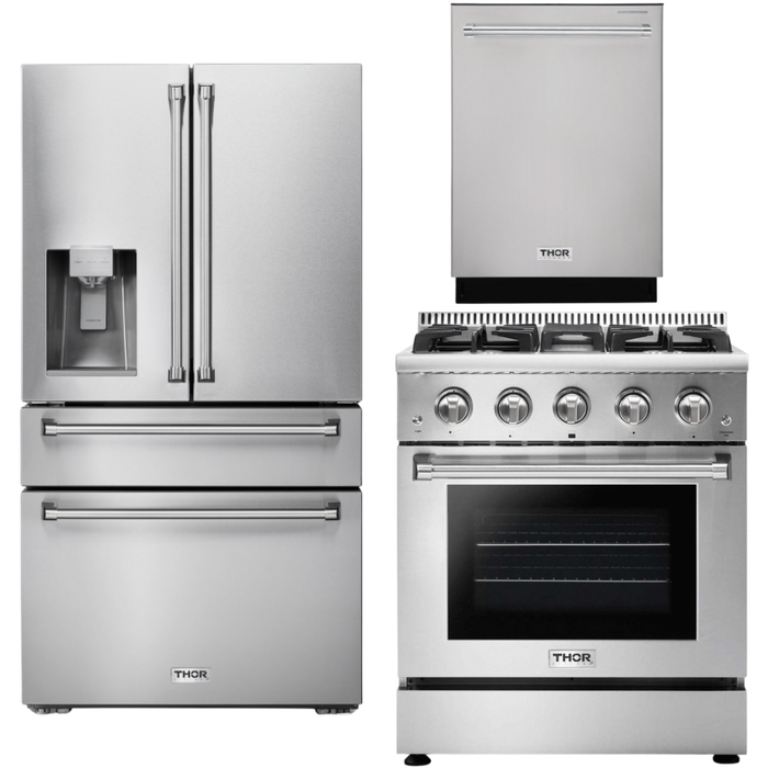 Thor Kitchen 30 In. Gas Range, Refrigerator with Water and Ice Dispenser, Dishwasher Appliance Package