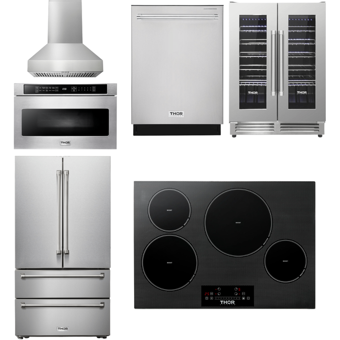 Thor Kitchen 30 In. Induction Cooktop, Range Hood, Microwave Drawer, Refrigerator, Dishwasher, Wine Cooler Appliance Package