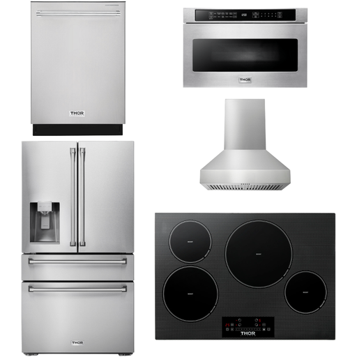 Thor Kitchen 30 In. Induction Cooktop, Range Hood, Microwave Drawer, Refrigerator with Water and Ice Dispenser, Dishwasher Appliance Package