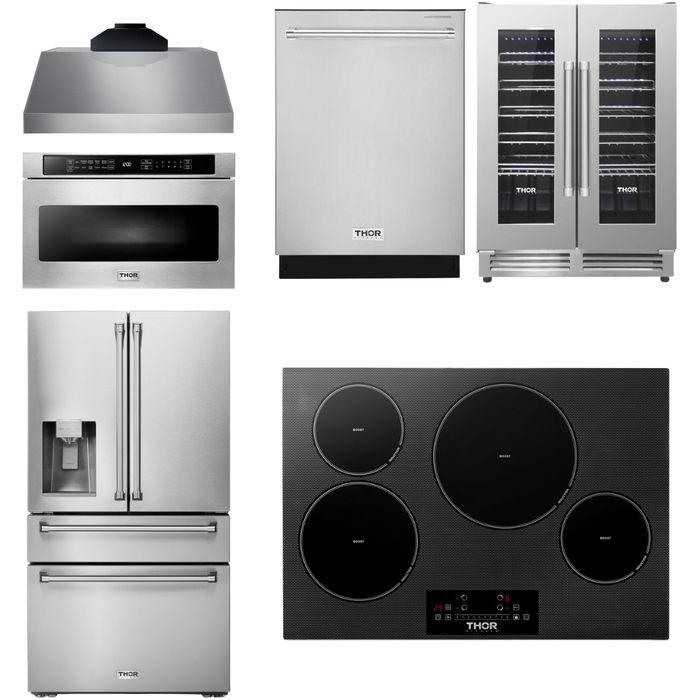 Thor Kitchen 30 In. Induction Cooktop, Range Hood, Microwave Drawer, Refrigerator with Water and Ice Dispenser, Dishwasher, Wine Cooler Appliance Package