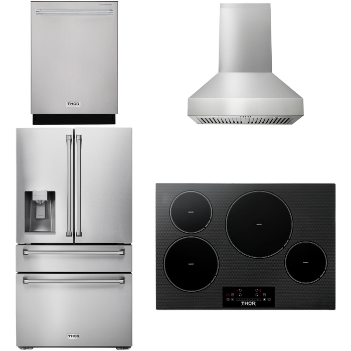 Thor Kitchen 30 In. Induction Cooktop, Range Hood, Refrigerator with Water and Ice Dispenser, Dishwasher Appliance Package