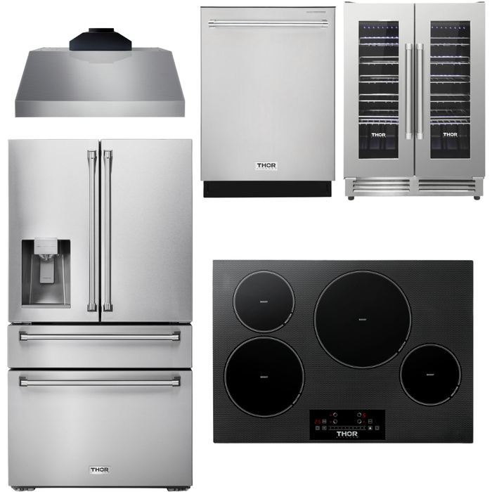 Thor Kitchen 30 In. Induction Cooktop, Range Hood, Refrigerator with Water and Ice Dispenser, Dishwasher, Wine Cooler Appliance Package