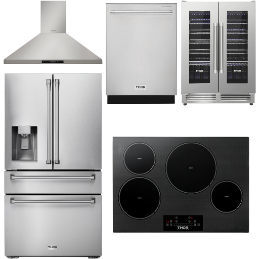 Thor Kitchen 30 In. Induction Cooktop, Range Hood, Refrigerator with Water and Ice Dispenser, Dishwasher, Wine Cooler Appliance Package