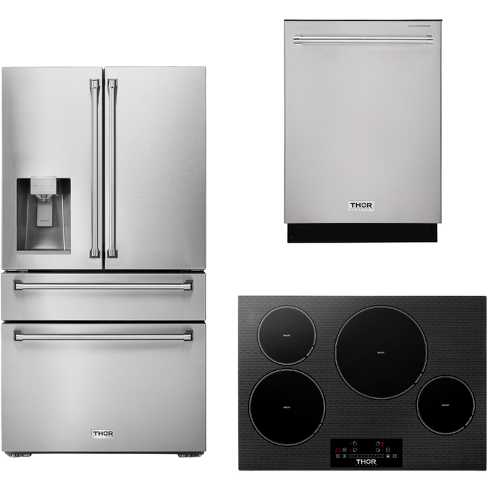 Thor Kitchen 30 In. Induction Cooktop, Refrigerator with Water and Ice Dispenser, Dishwasher Appliance Package