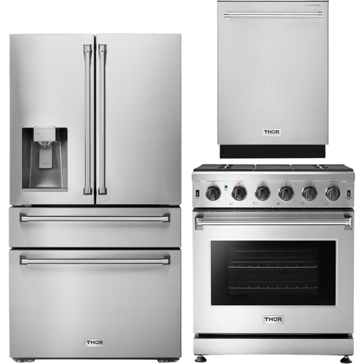 Thor Kitchen 30 in. Natural Gas Range, 36 in. Refrigerator with Water and Ice Dispenser & 24 in. Dishwasher Appliance Package