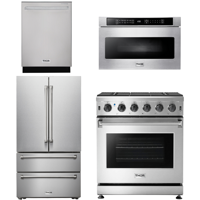 Thor Kitchen 30 In. Natural Gas Range, Microwave Drawer, Refrigerator, Dishwasher Appliance Package