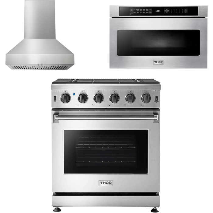 Thor Kitchen 30 In. Natural Gas Range, Range Hood, Microwave Drawer Appliance Package