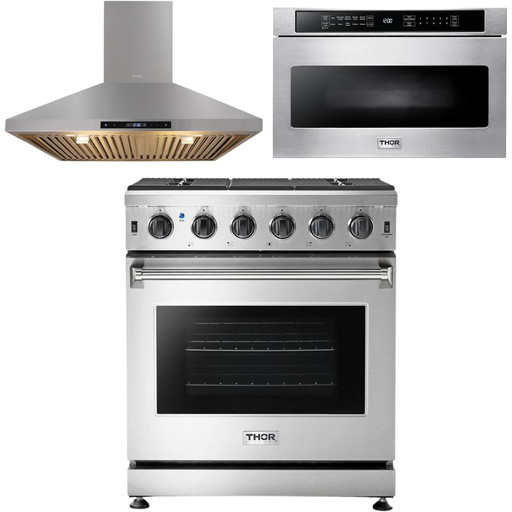 Thor Kitchen 30 in. Natural Gas Range, Range Hood, Microwave Drawer Appliance Package