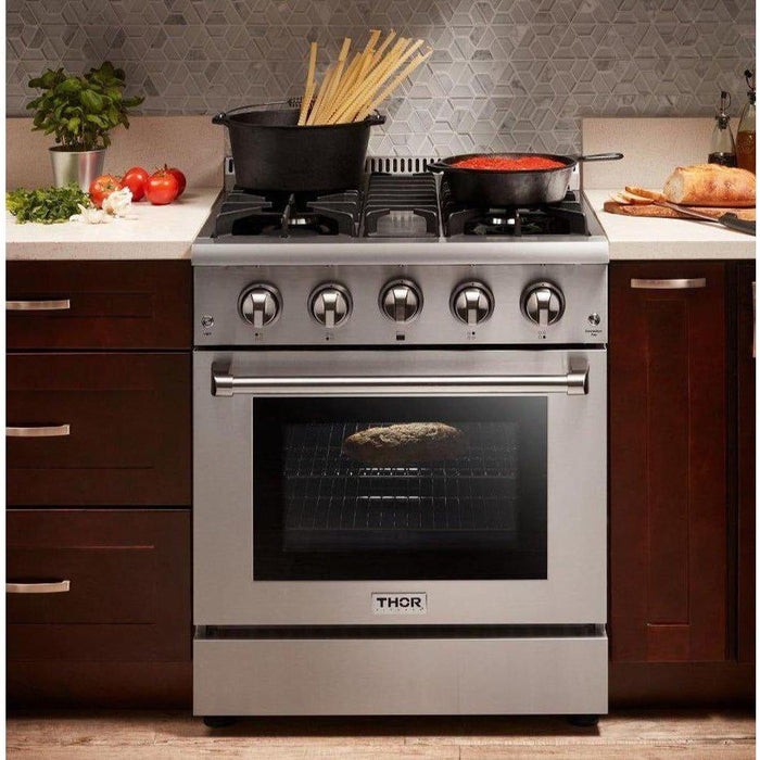 Thor Kitchen 30 In. Natural Gas Range, Range Hood, Microwave Drawer, Refrigerator, Dishwasher Appliance Package