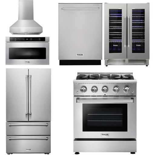 Thor Kitchen 30 In. Natural Gas Range, Range Hood, Microwave Drawer, Refrigerator with Water and Ice Dispenser, Dishwasher, Wine Cooler Appliance Package