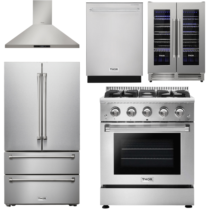 Thor Kitchen 30 In. Natural Gas Range, Range Hood, Refrigerator, Dishwasher, Wine Cooler Appliance Package