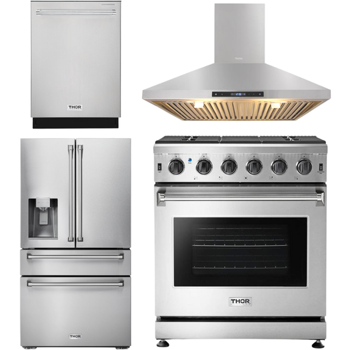 Thor Kitchen 30 in. Natural Gas Range, Range Hood, Refrigerator with Water and Ice Dispenser, Dishwasher Appliance Package