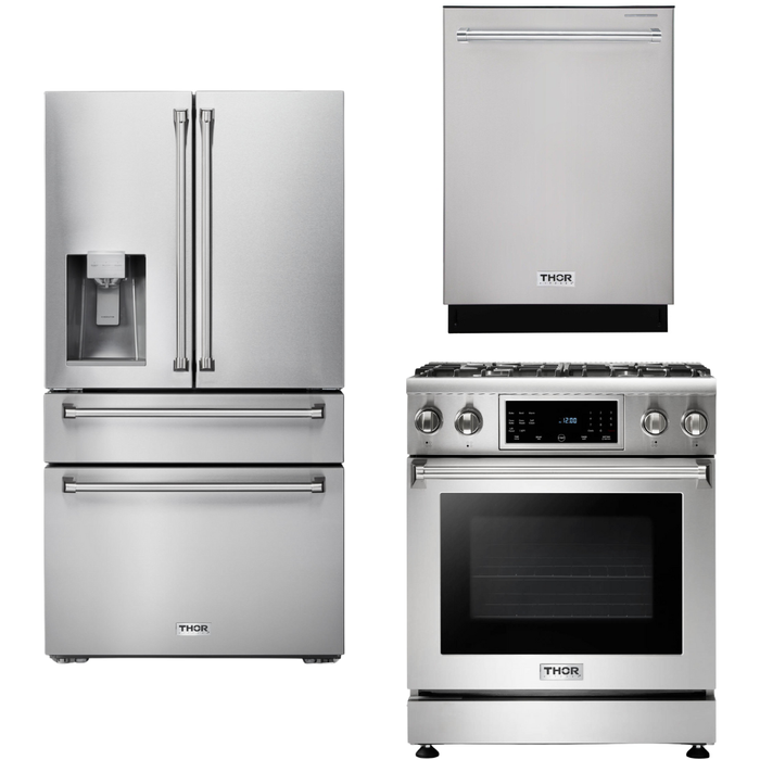 Thor Kitchen 30 In. Natural Gas Range, Refrigerator with Water and Ice Dispenser, Dishwasher Appliance Package