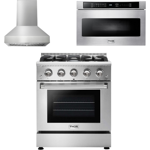 Thor Kitchen 30 In. Professional Gas Range, Range Hood, Microwave Drawer Appliance Package