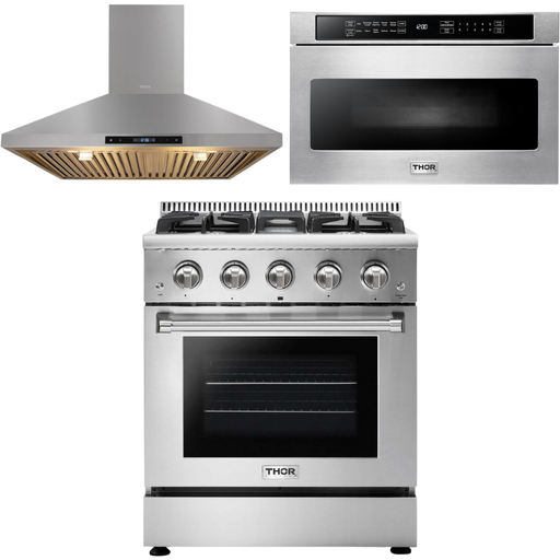 Thor Kitchen 30 in. Professional Natural Gas Range, Range Hood, Microwave Drawer Appliance Package