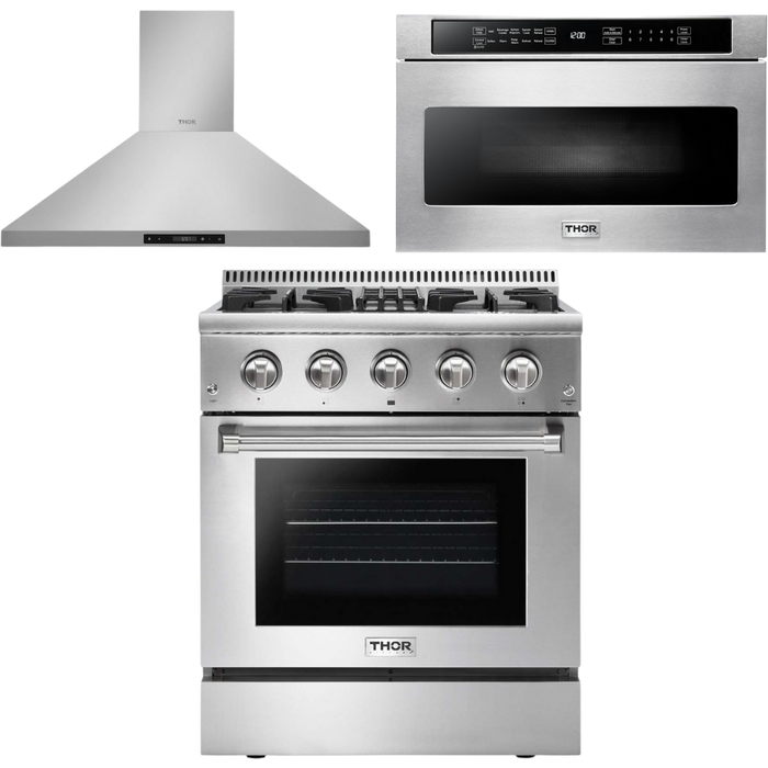 Thor Kitchen 30 in. Propane Gas Burner/Electric Oven Range, Range Hood, Microwave Drawer Appliance Package