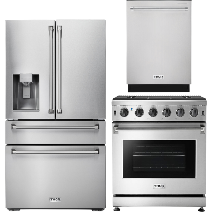 Thor Kitchen 30 in. Propane Gas Range, 36 in. Refrigerator with Water and Ice Dispenser, 24 in. Dishwasher Appliance Package