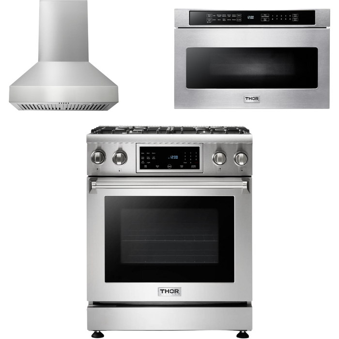 Thor Kitchen 30 In. Propane Gas Range, Range Hood, Microwave Drawer Appliance Package