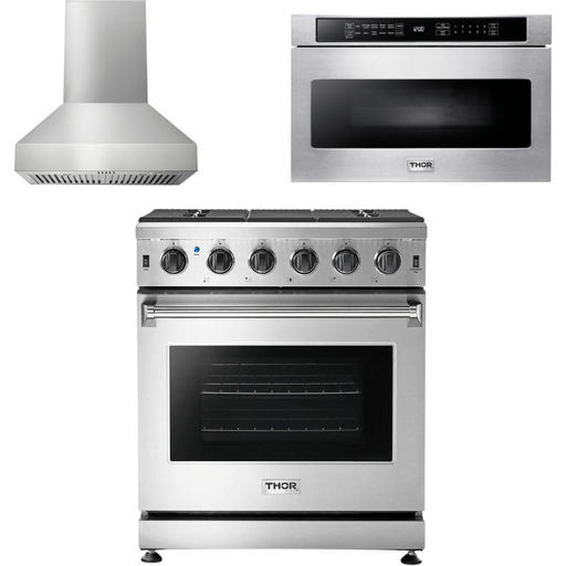 Thor Kitchen 30 In. Propane Gas Range, Range Hood, Microwave Drawer Appliance Package