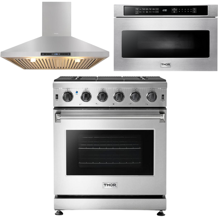 Thor Kitchen 30 in. Propane Gas Range, Range Hood, Microwave Drawer Appliance Package