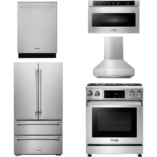 Thor Kitchen 30 In. Propane Gas Range, Range Hood, Microwave Drawer, Refrigerator, Dishwasher Appliance Package