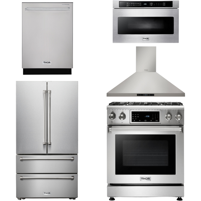 Thor Kitchen 30 In. Propane Gas Range, Range Hood, Microwave Drawer, Refrigerator, Dishwasher Appliance Package