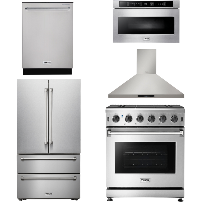 Thor Kitchen 30 In. Propane Gas Range, Range Hood, Microwave Drawer, Refrigerator, Dishwasher Appliance Package