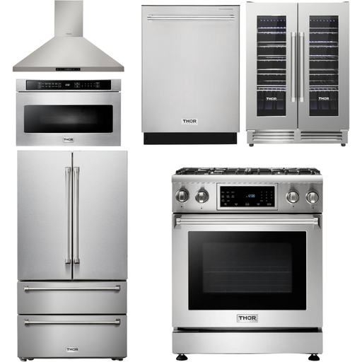 Thor Kitchen 30 In. Propane Gas Range, Range Hood, Microwave Drawer, Refrigerator, Dishwasher, Wine Cooler Appliance Package