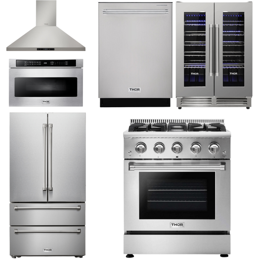 Thor Kitchen 30 In. Propane Gas Range, Range Hood, Microwave Drawer, Refrigerator, Dishwasher, Wine Cooler Appliance Package