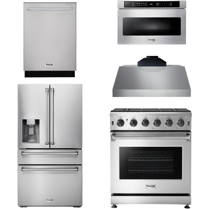 Thor Kitchen 30 In. Propane Gas Range, Range Hood, Microwave Drawer, Refrigerator with Water and Ice Dispenser, Dishwasher Appliance Package