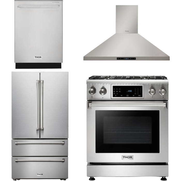 Thor Kitchen 30 In. Propane Gas Range, Range Hood, Refrigerator, Dishwasher Appliance Package