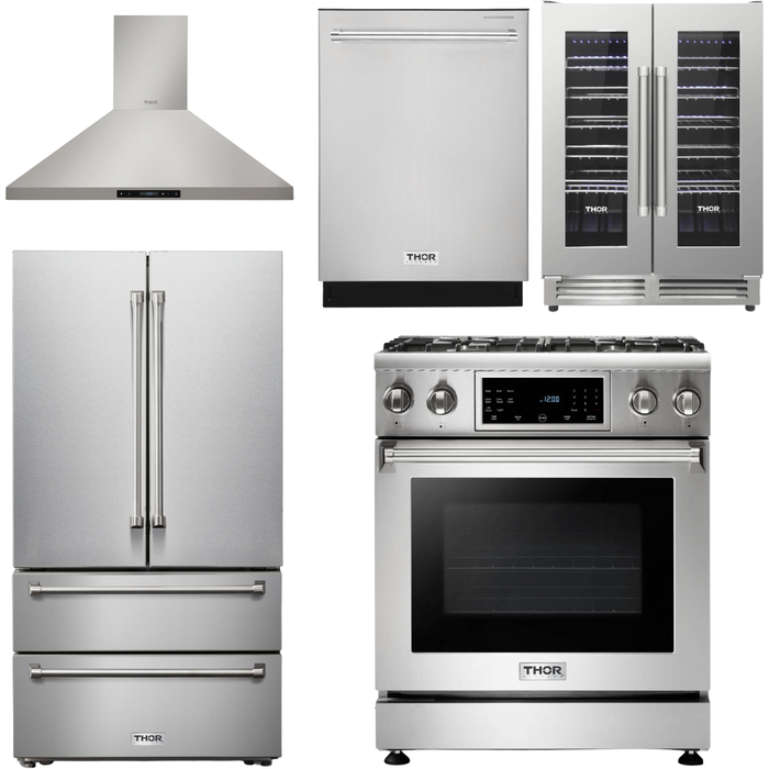 Thor Kitchen 30 In. Propane Gas Range, Range Hood, Refrigerator, Dishwasher, Wine Cooler Appliance Package